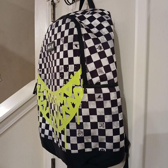 Hurley One & Only backpack Black White Checkerboard Neon Yellow Graphic - Picture 3 of 7